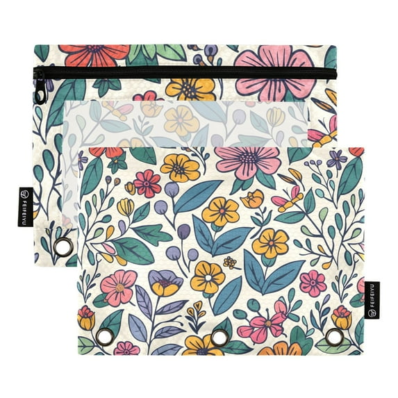 Doodle Flowers and Leaves 2 Pack Pencil Pouch for 3 Ring Binder Smooth Zipper Folders with Pockets Clear Window Pencil Case
