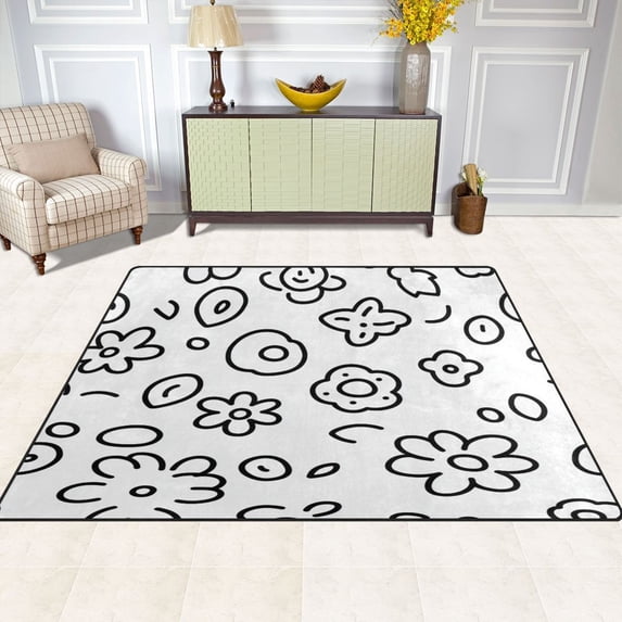 Doodle Flowers and Leaves 63''x48'' Plush Memory Foam Bath Mat, Soft, Absorbent, Non Slip, Durable