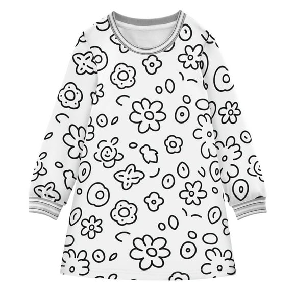 Doodle Flowers and Leaves Girls'long-sleeved dress Thickened A-dress Warm Dress Basic Shirt Party Dresses