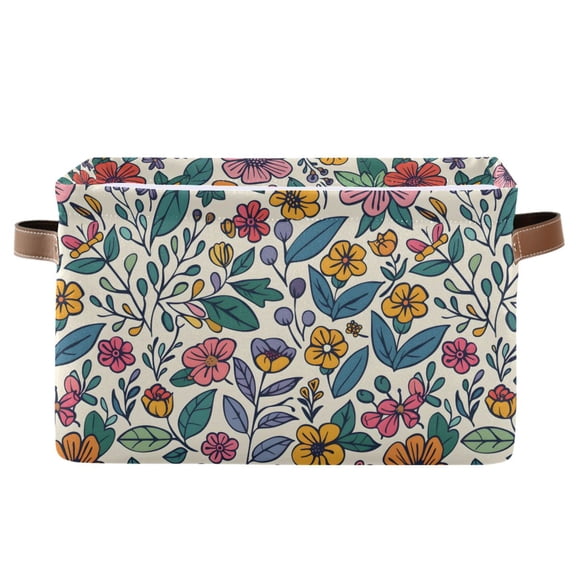 Doodle Flowers and Leaves Storage Bins with Handle Fabric Organizer Basket Foldable Box 1 Pack 14.2x10.2x8.3