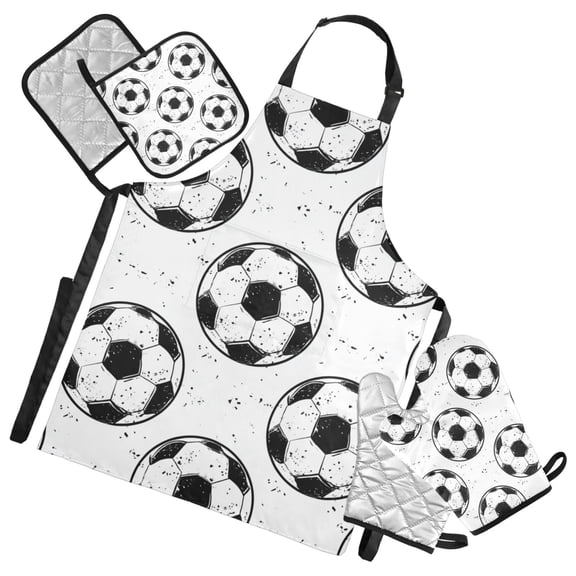 Doodle Football Patterns Apron Set with Oven Mitts Pot Holders Set of 5 Kitchen Stuff Accessories