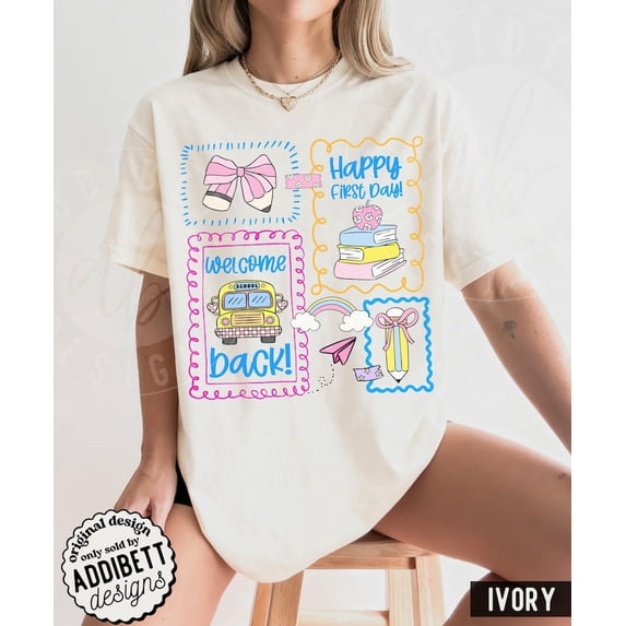 Doodle 'Happy First Day' Shirt : Trendy Colorful 'Welcome Back' Elementary Back To School Tee