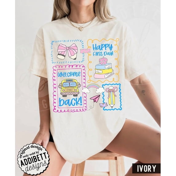 Doodle 'Happy First Day' Shirt : Trendy Colorful 'Welcome Back' Elementary Back To School Tee