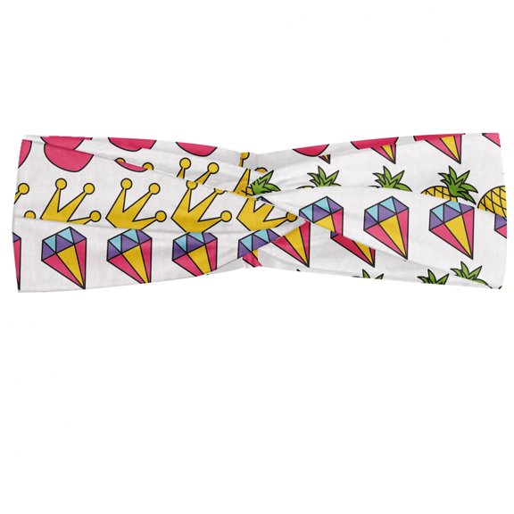 Doodle Headband, Heart Crown Gemstone and Pineapple Children Cartoon Design Colorful Illustration, Elastic and Soft Women's Bandana for Sports and Everyday Use, Grey Red Coconut, by Ambesonne