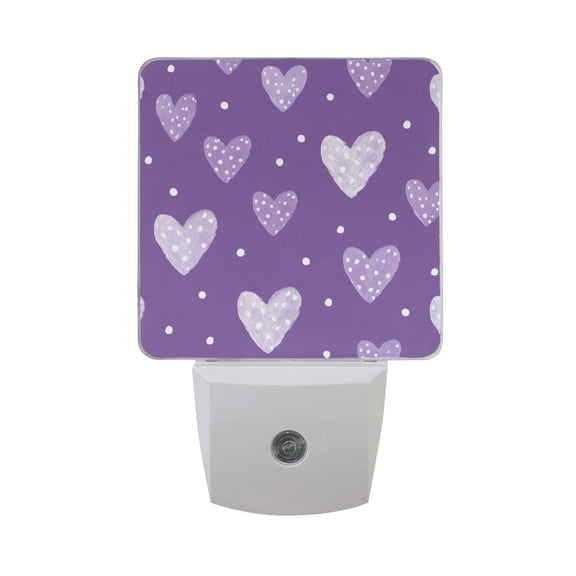 Doodle Hearts Dots Purple Background Valentine LED Night Light Sensor Lamp Plug-in Adjustable Brightness 2 Pack