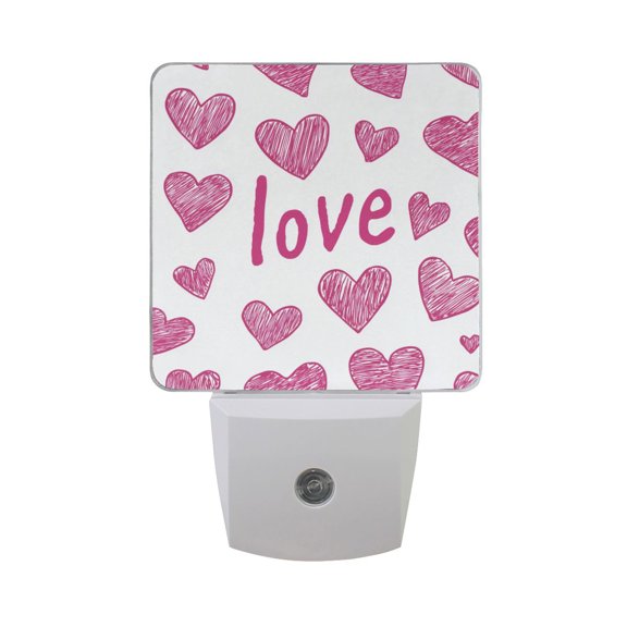 Doodle Hearts Pink Love Text Valentine LED Night Light Sensor Lamp Plug-in Adjustable Brightness 2 Pack