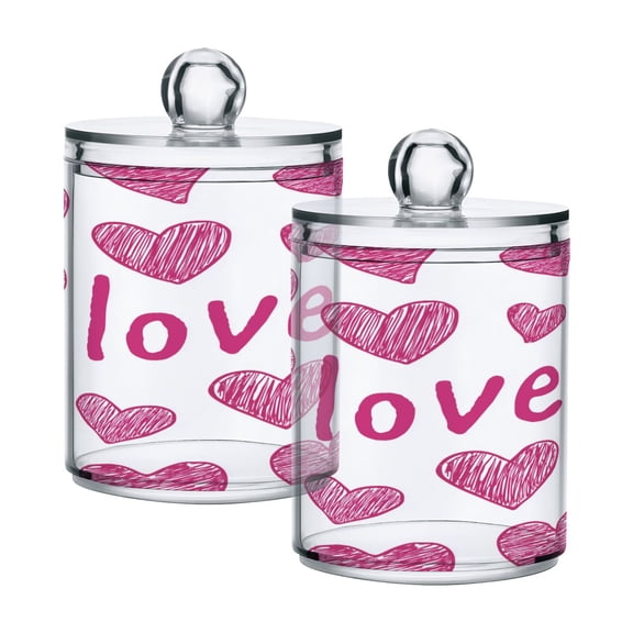 Doodle Hearts Pink Love Text Valentine Translucent Plastic Cans Storage Canisters with Lid Set of 2
