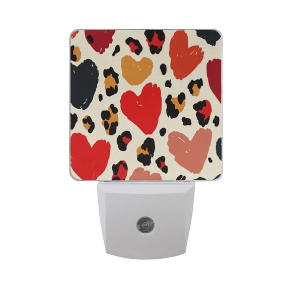 Doodle Leopard Print Hearts Valentine LED Night Light Sensor Lamp Plug-in Adjustable Brightness 2 Pack