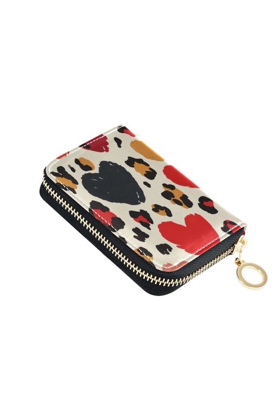 Doodle Leopard Print Hearts Valentine Women's Credit Card Holder PU Leather Zipper Wallet RFID Blocking
