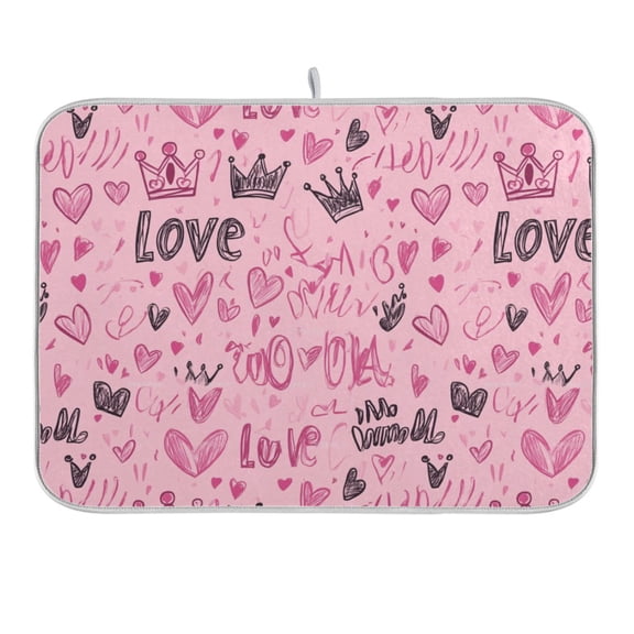 Doodle Love Hearts Crowns Dish Drying Mat 16x18 Absorbent Microfiber Draining Rack Pad for Kitchen Counter Sink