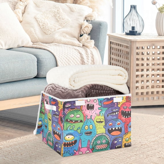 Doodle Monsters Storage Basket Foldable Laundry Basket Shelf Kids Toy Storage Container Organizer with Handles