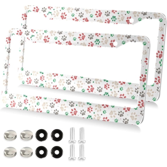 Doodle Paw Prints License Plate Frame - 2 Pack Universal Stainless Steel License Plate Holder with Screws & Chrome Caps, 2 Holes Car License Plate Cover for US Vehicles Decorative