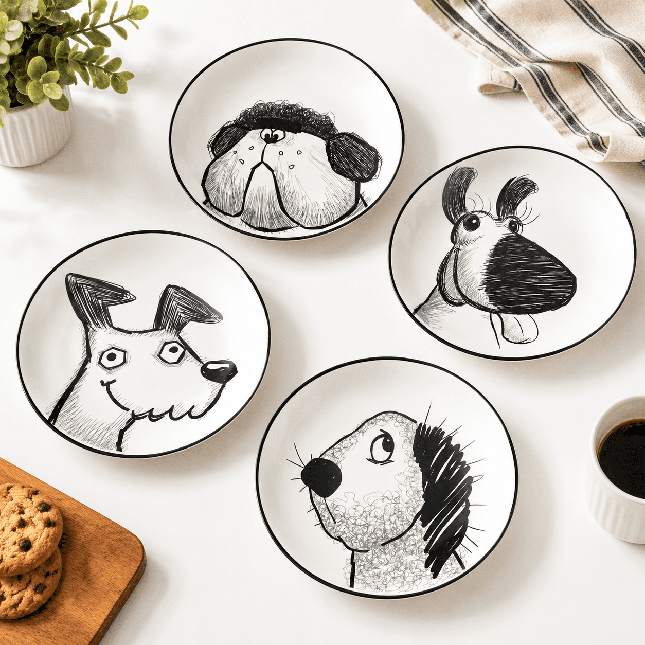 Side Salid Doodle Pawtrait 8.75 Inch Ceramic Salad Plates Set of 4 for Appetizers ...