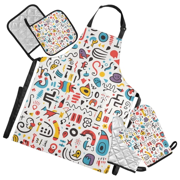 Doodle Punctuations Abstract Apron Set with Oven Mitts Pot Holders Set of 5 Kitchen Stuff Accessories