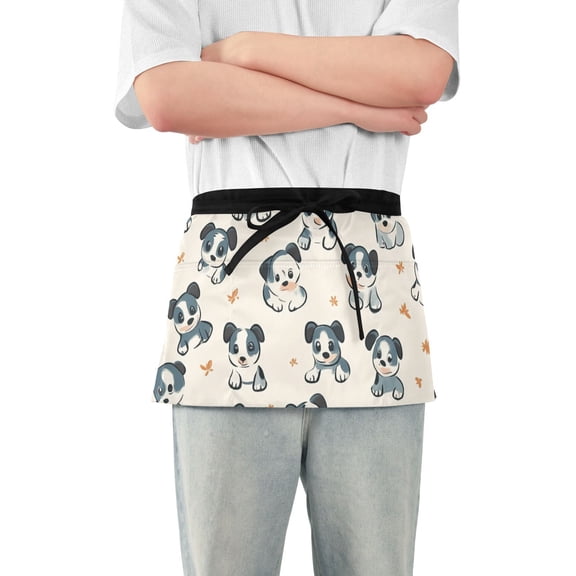 Doodle Puppys Waist Apron Adjustable Server Half Apron Kitchen Cooking with 3 Pockets for Men Women