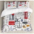 thumbnail image 1 of Doodle Queen Size Duvet Cover Set, I Love London Double Decker Bus Telephone Booth Cab Crown of United Kingdom Big Ben, Decorative 3 Piece Bedding Set with 2 Pillow Shams, Multicolor, by Ambesonne, 1 of 3