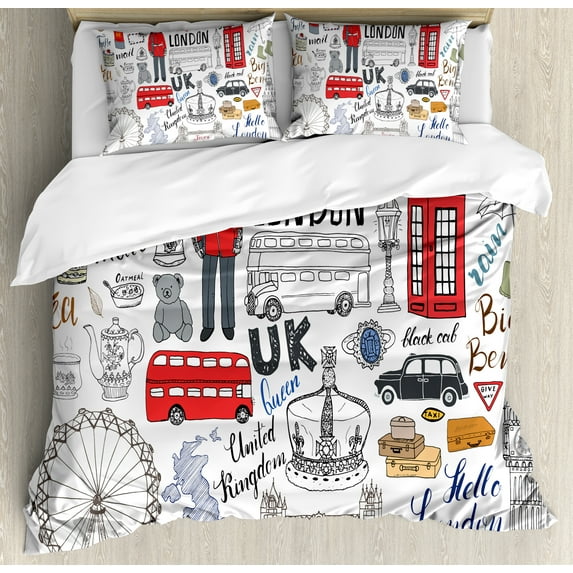 Doodle Queen Size Duvet Cover Set, I Love London Double Decker Bus Telephone Booth Cab Crown of United Kingdom Big Ben, Decorative 3 Piece Bedding Set with 2 Pillow Shams, Multicolor, by Ambesonne