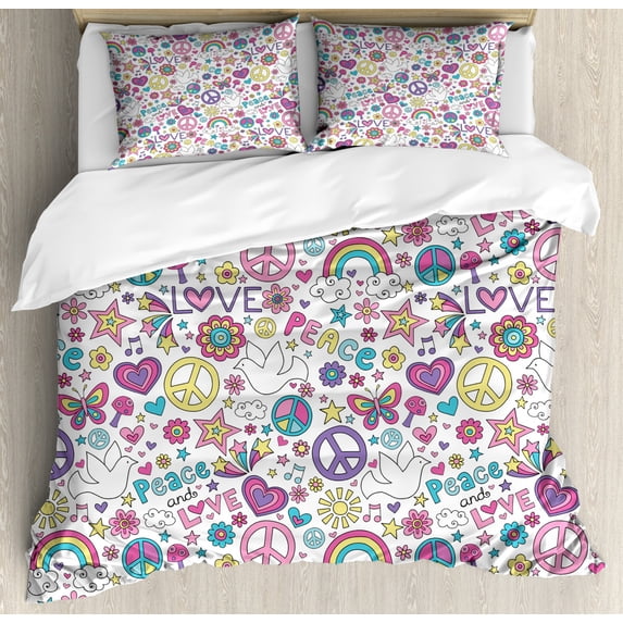 Doodle Queen Size Duvet Cover Set, Retro Symbols of Sixties Peace Magic Mushroom Love Stars and Hearts Hippie Music, Decorative 3 Piece Bedding Set with 2 Pillow Shams, Multicolor, by Ambesonne