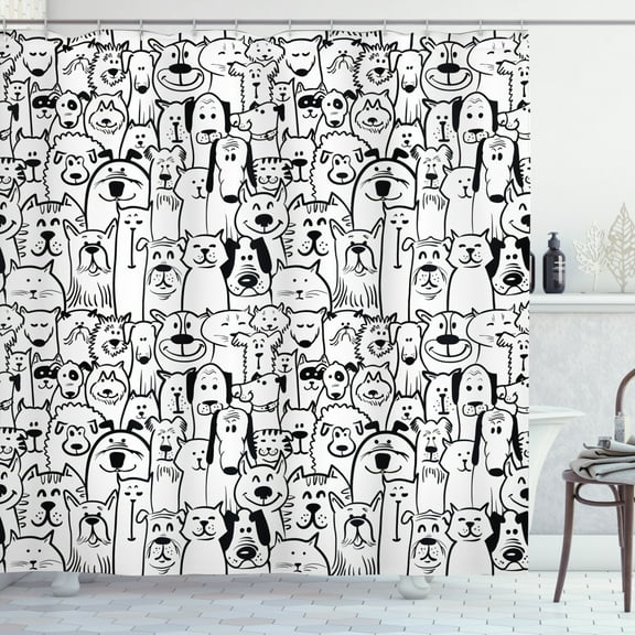Doodle Shower Curtain, Collection of Dogs and Cats Cute Animals Fun Happy Beings Cartoon Inspired Design, Fabric Bathroom Set with Hooks, 69W X 70L Inches, Black White, by Ambesonne