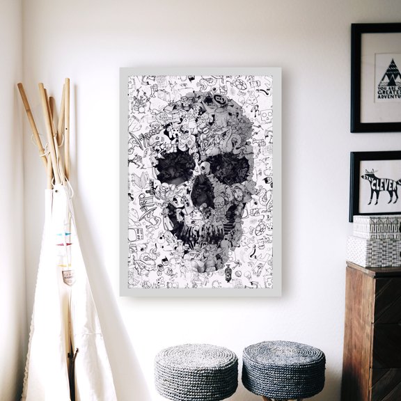 Doodle Skull Poster Black White Gothic Art Print , Poster Print Only