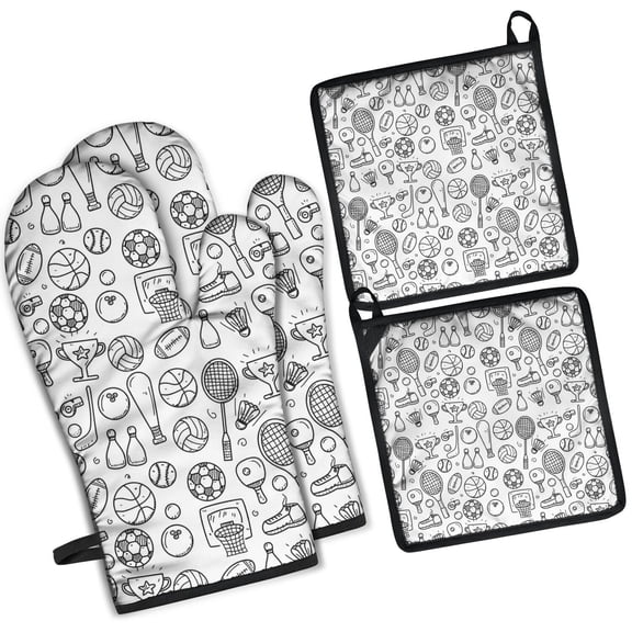 Doodle Sports Icons Pattern Kitchen Oven Mitt and Pot Holder Sets 2 Pcs for Baking, Cooking and Grilling, Heat Resistant Up To 392 °F