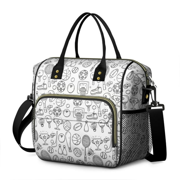 Doodle Sports Icons Pattern Womens Lunch Box for Work,Insulated Large Lunch Bag for Tween and Teen,Loncheras Para Mujer,Leakproof Adult Lunch Bag for Work,Beach,Travel,Picnic,Camping