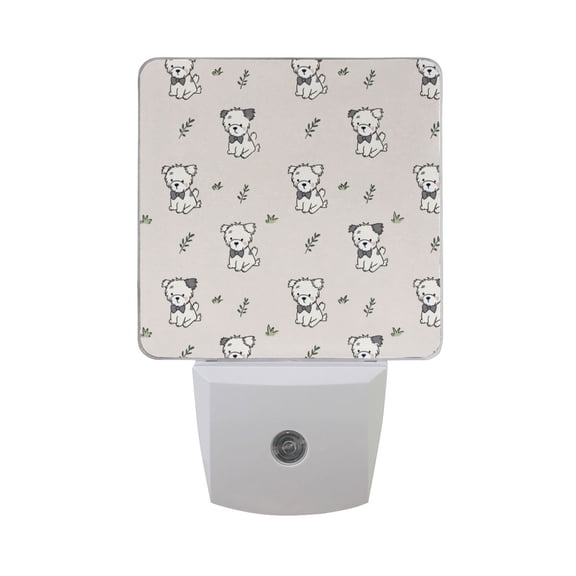 Doodle Style Dogs Sitting on Meadow Leaves LED Night Light Sensor Lamp Plug-in Adjustable Brightness 2 Pack