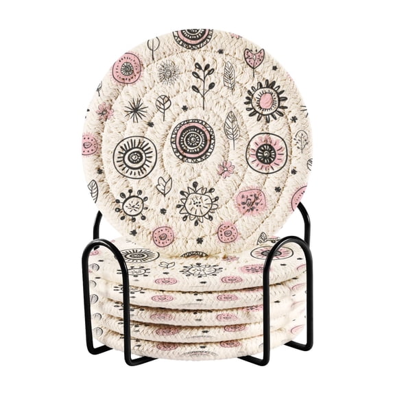 Doodle Style Nature 4in Bar Coasters Set of 6 with Storage Rack Durable Heat Resistant