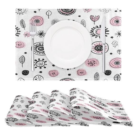 Doodle Style Nature Reversible Placemat Set of 4 Non Slip Coffee Mats 18x12 Inch for Dining, Kitchen, Coffee