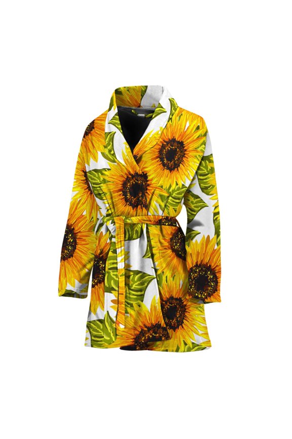 Doodle Sunflower Pattern Women Bathrobe One Size Univeral Fits Fashion Lightweight Plush Fleece Long Robe For Women