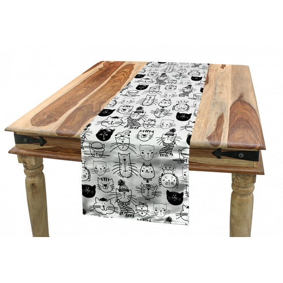 Doodle Table Runner, Comic Doodle Cat Faces with Scarf Hipster Hats Crown Childish Caricature Art, Dining Room Kitchen Rectangular Runner, 3 Sizes, by Ambesonne