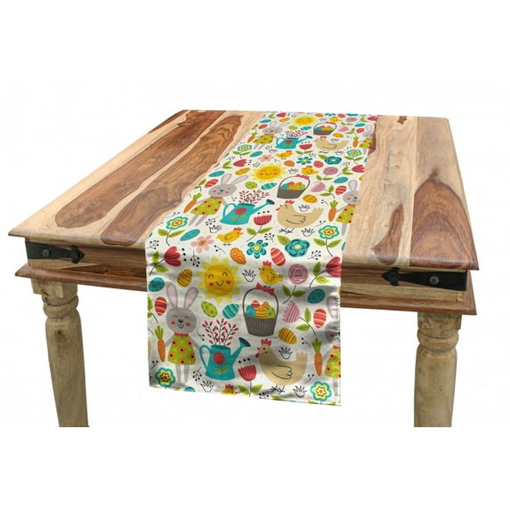 Doodle Table Runner, Easter Chicken Eggs Sun Rabbit Floral Berries Garden Bird Colorful Arrangement, Dining Room Kitchen Rectangular Runner, 3 Sizes, by Ambesonne