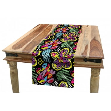 Doodle Table Runner, Tropical Flowers Pattern with Brushstroke Effects Vibrant Colored Grunge Doodle Art, Dining Room Kitchen Rectangular Runner, 3 Sizes, by Ambesonne