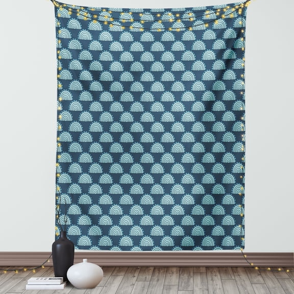 Doodle Tapestry, Fish Scale Inspired Half Circular Shape Pattern with Small Arches, Wall Hanging for Bedroom Living Room Dorm Decor, 60W X 80L Inches, Baby Blue Dark Slate Blue, by Ambesonne