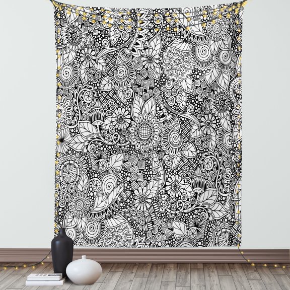 Doodle Tapestry, Floral Arrangement with Variety of Flowers in Black and White Simple Artwork Print, Wall Hanging for Bedroom Living Room Dorm Decor, 60W X 80L Inches, Black White, by Ambesonne