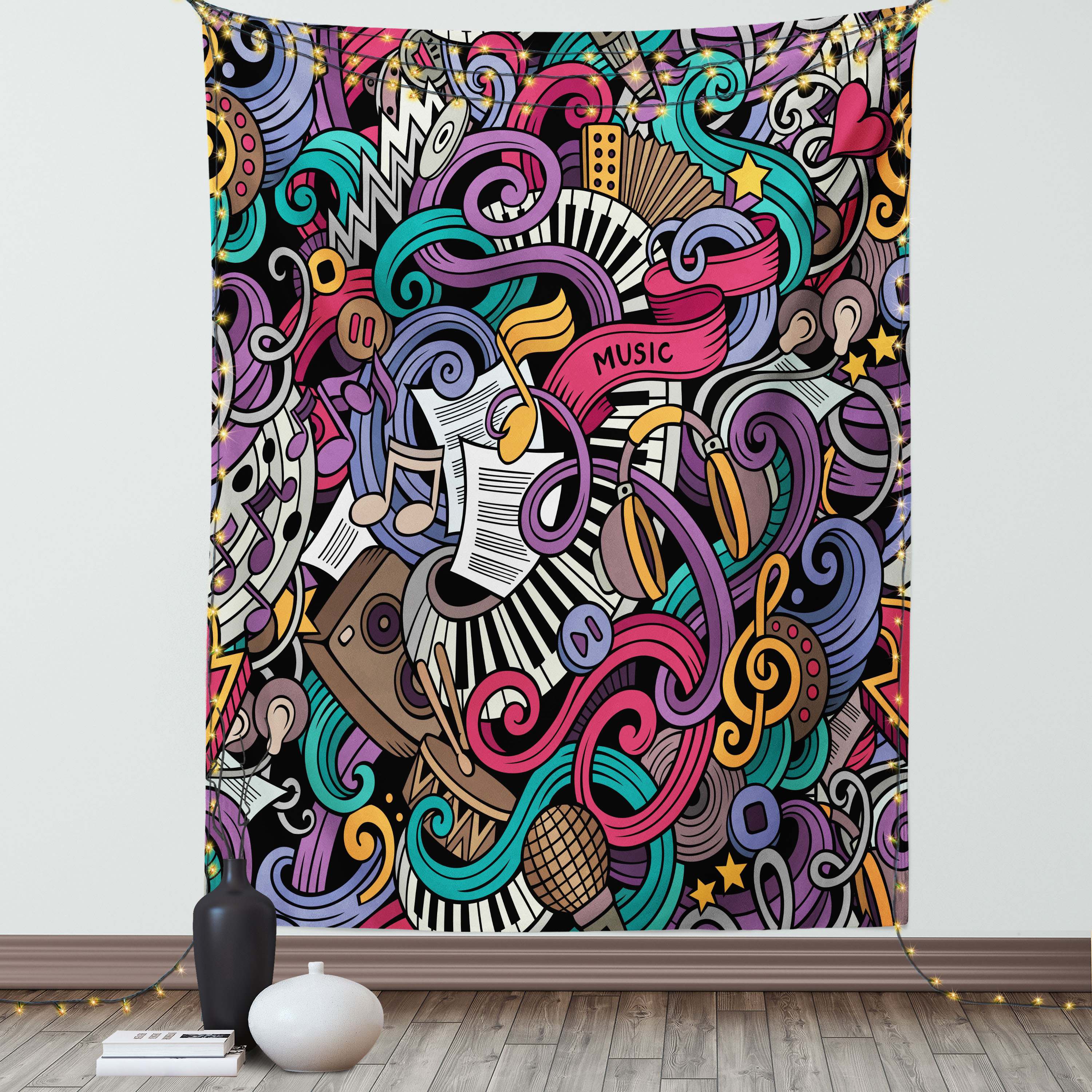 Doodle Tapestry, Music Themed Hand Drawn Abstract Instruments ...