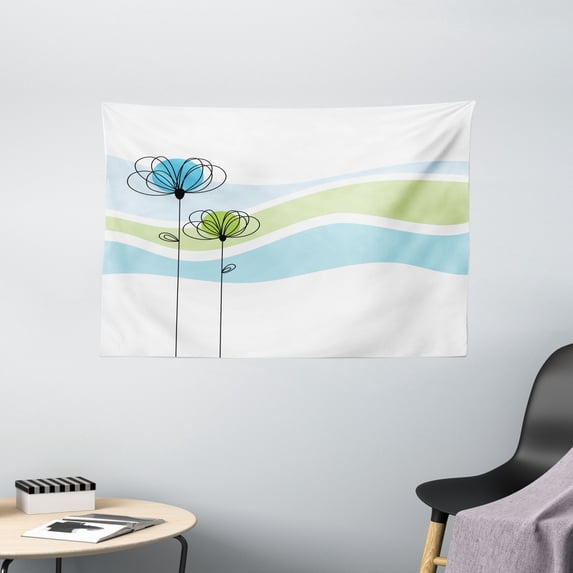 Doodle Tapestry, Summer Flowers with Cute Colors and Wave Backgorund Life Season, Wall Hanging for Bedroom Living Room Dorm Decor, 60W X 40L Inches, Apple Green Aqua Avocado Green, by Ambesonne