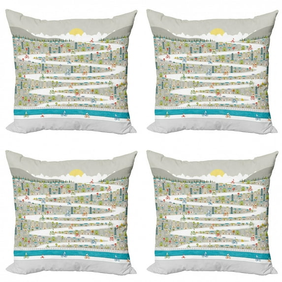 Doodle Throw Pillow Cushion Case Pack of 4, Abstract Cartoonish City Fun Panorama with Buildings and Bikers on Swirling Road, Modern Accent Double-Sided Print, 4 Sizes, Multicolor, by Ambesonne