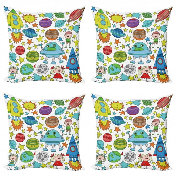 Doodle Throw Pillow Cushion Case Pack of 4, Childish Outer Space Themed Colorful Pattern with Planets Rockers Stars and Aliens, Modern Accent Double-Sided Print, 4 Sizes, Multicolor, by Ambesonne