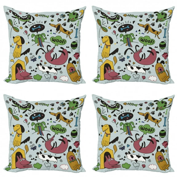 Doodle Throw Pillow Cushion Case Pack of 4, Continuous Dog Lover Pattern with Colorful Funny Playful Puppies, Modern Accent Double-Sided Print, 4 Sizes, Multicolor, by Ambesonne