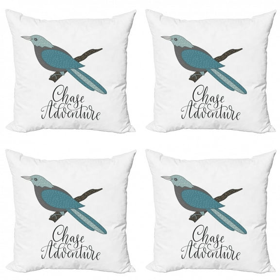 Doodle Throw Pillow Cushion Case Pack of 4, Cursive Chase Adventure Text and Exotic Bird on Branch, Modern Accent Double-Sided Print, 4 Sizes, Slate Blue Grey, by Ambesonne