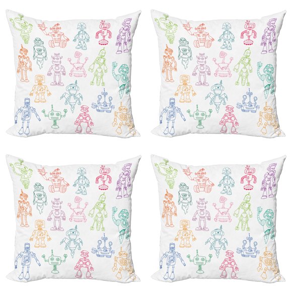 Doodle Throw Pillow Cushion Case Pack of 4, Drawings of Various Robots Performing a Number of Tasks Radar Waiter Guard Cleaner, Modern Accent Double-Sided Print, 4 Sizes, Multicolor, by Ambesonne
