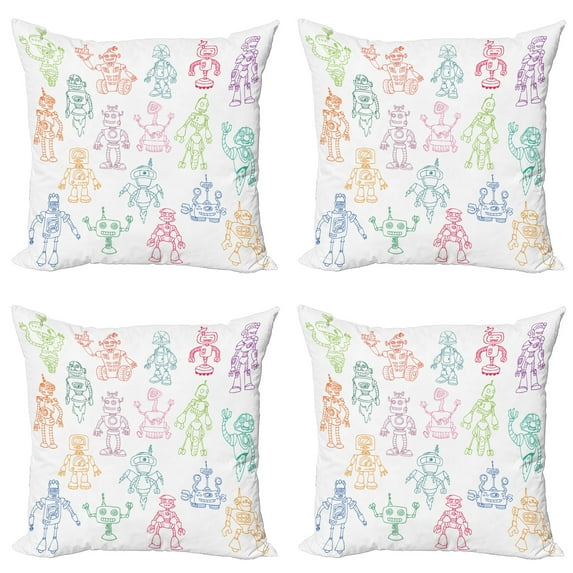 Doodle Throw Pillow Cushion Case Pack of 4, Drawings of Various Robots Performing a Number of Tasks Radar Waiter Guard Cleaner, Modern Accent Double-Sided Print, 4 Sizes, Multicolor, by Ambesonne
