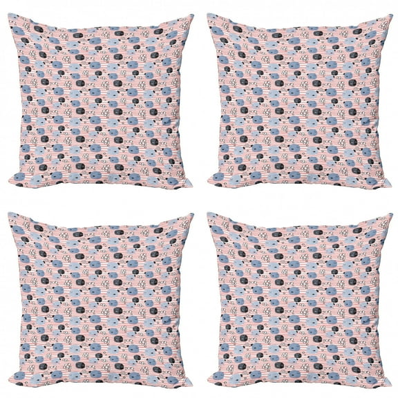 Doodle Throw Pillow Cushion Case Pack of 4, Happy Nursery Pattern Fish and Bubbles on Stripes, Modern Accent Double-Sided Print, 4 Sizes, Pink Blue Grey, by Ambesonne