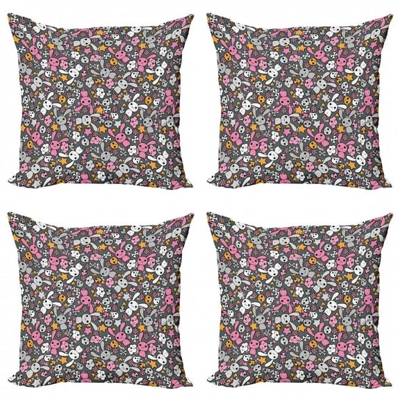 Ambesonne Cartoon Throw Pillow Cover 4 Pack, Kawai Bunnies Clouds, 20", Multicolor