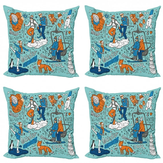 Doodle Throw Pillow Cushion Case Pack of 4, People Doing Various Winter Activities Graphic, Modern Accent Double-Sided Print, 4 Sizes, Seafoam Orange, by Ambesonne