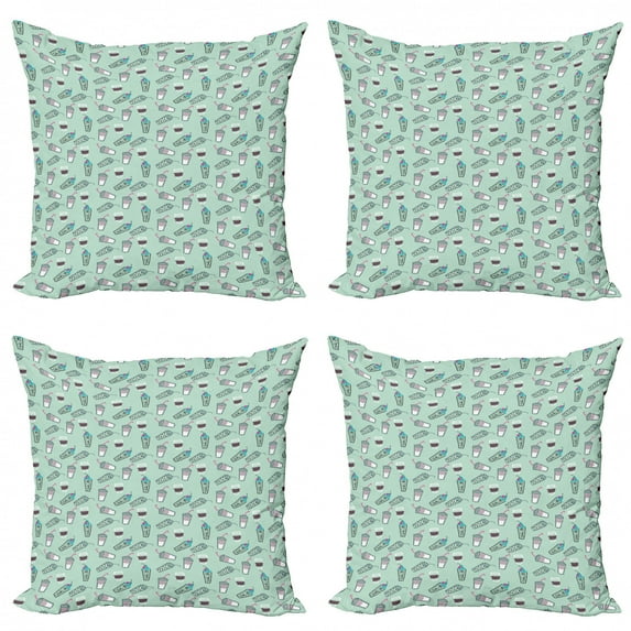 Doodle Throw Pillow Cushion Case Pack of 4, Refreshing Time of the Day Coffee Cups Beverages Print, Modern Accent Double-Sided Print, 4 Sizes, Almond Green Multicolor, by Ambesonne
