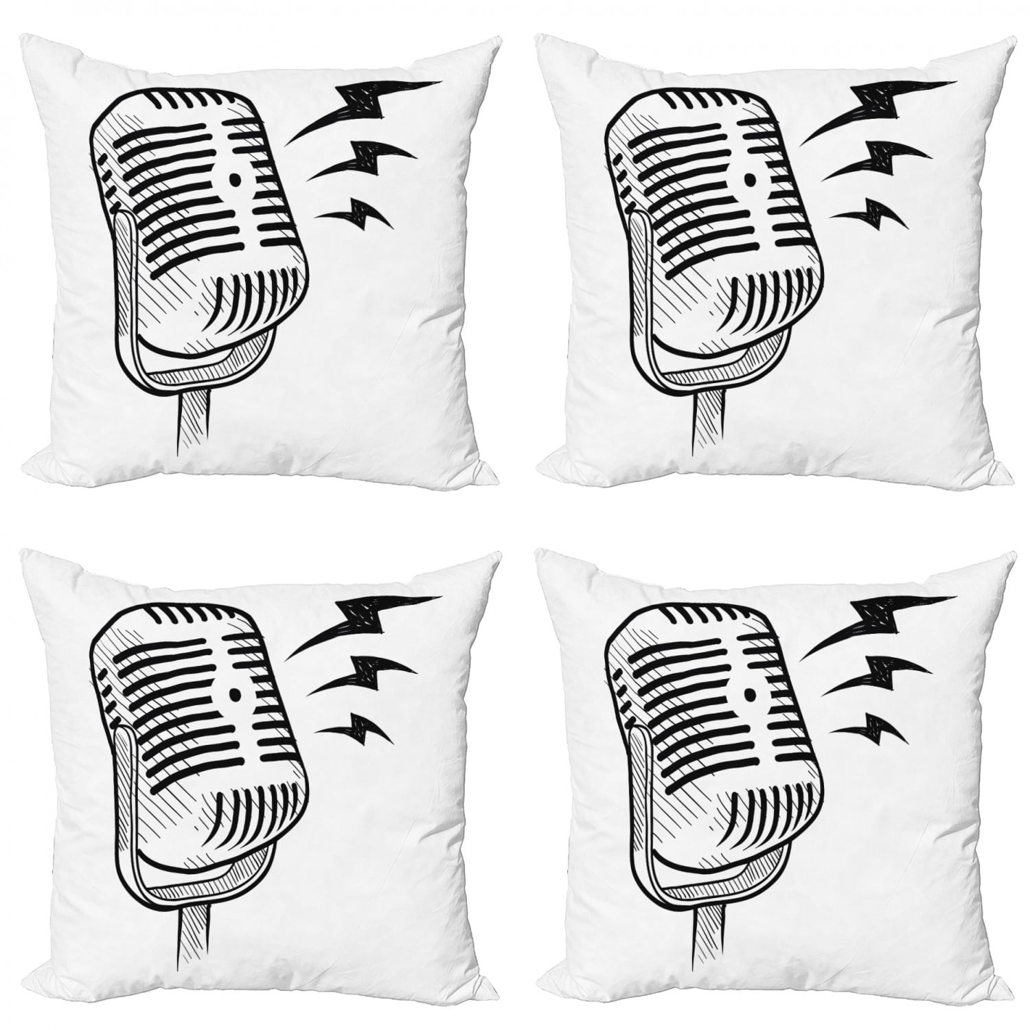 Doodle Throw Pillow Cushion Case Pack of 4, Retro Microphone