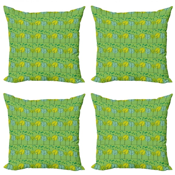 Doodle Throw Pillow Cushion Case Pack of 4, Scribbled Trees and Grass in a Meadow Drawn by Hand, Modern Accent Double-Sided Print, 4 Sizes, Lime Green Multicolor, by Ambesonne
