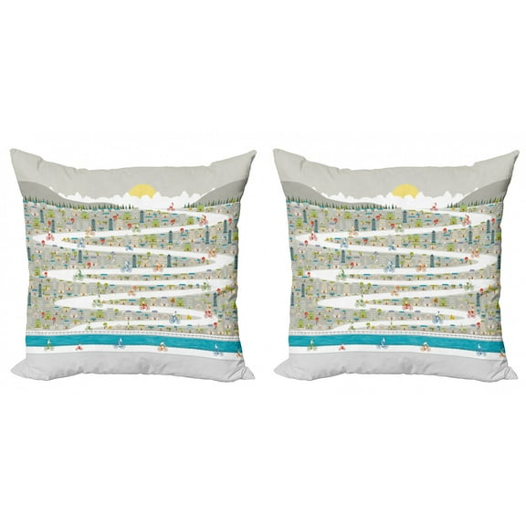 Doodle Throw Pillow Cushion Cover Pack of 2, Abstract Cartoonish City Fun Panorama with Buildings and Bikers on Swirling Road, Zippered Double-Side Digital Print, 4 Sizes, Multicolor, by Ambesonne